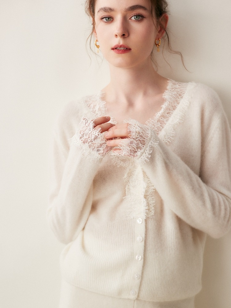 Cashmere Lace-Trimmed Knit V-Neck Cardigan Sweater