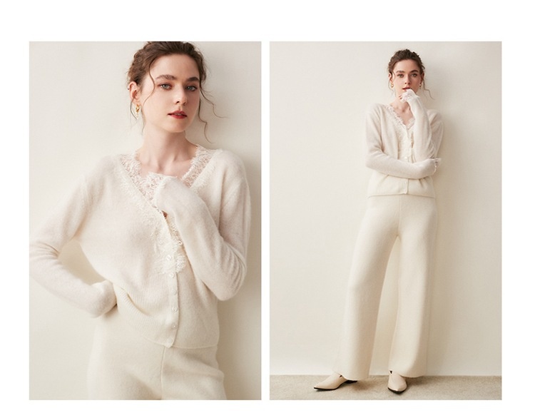 Cashmere Lace-Trimmed Knit V-Neck Cardigan Sweater