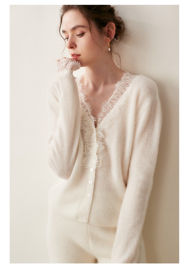 Cashmere Lace-Trimmed Knit V-Neck Cardigan Sweater