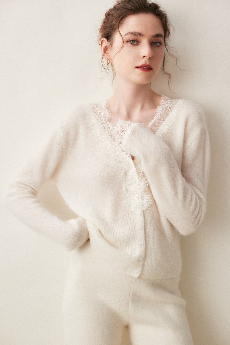 Cashmere Lace-Trimmed Knit V-Neck Cardigan Sweater