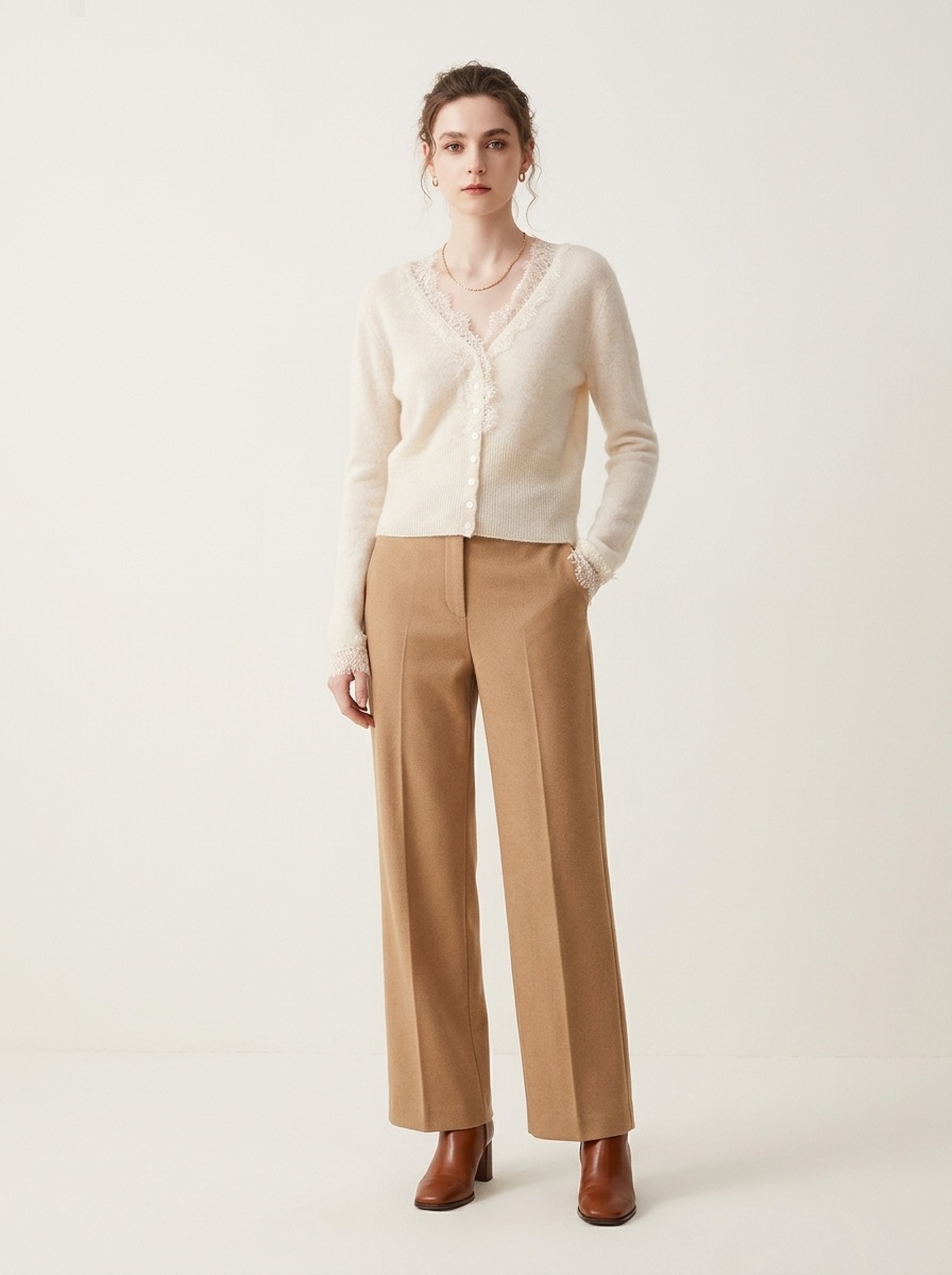 Cashmere Lace-Trimmed Knit V-Neck Cardigan Sweater