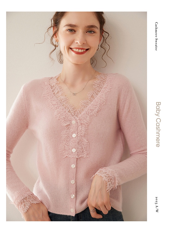 Cashmere Lace-Trimmed Knit V-Neck Cardigan Sweater