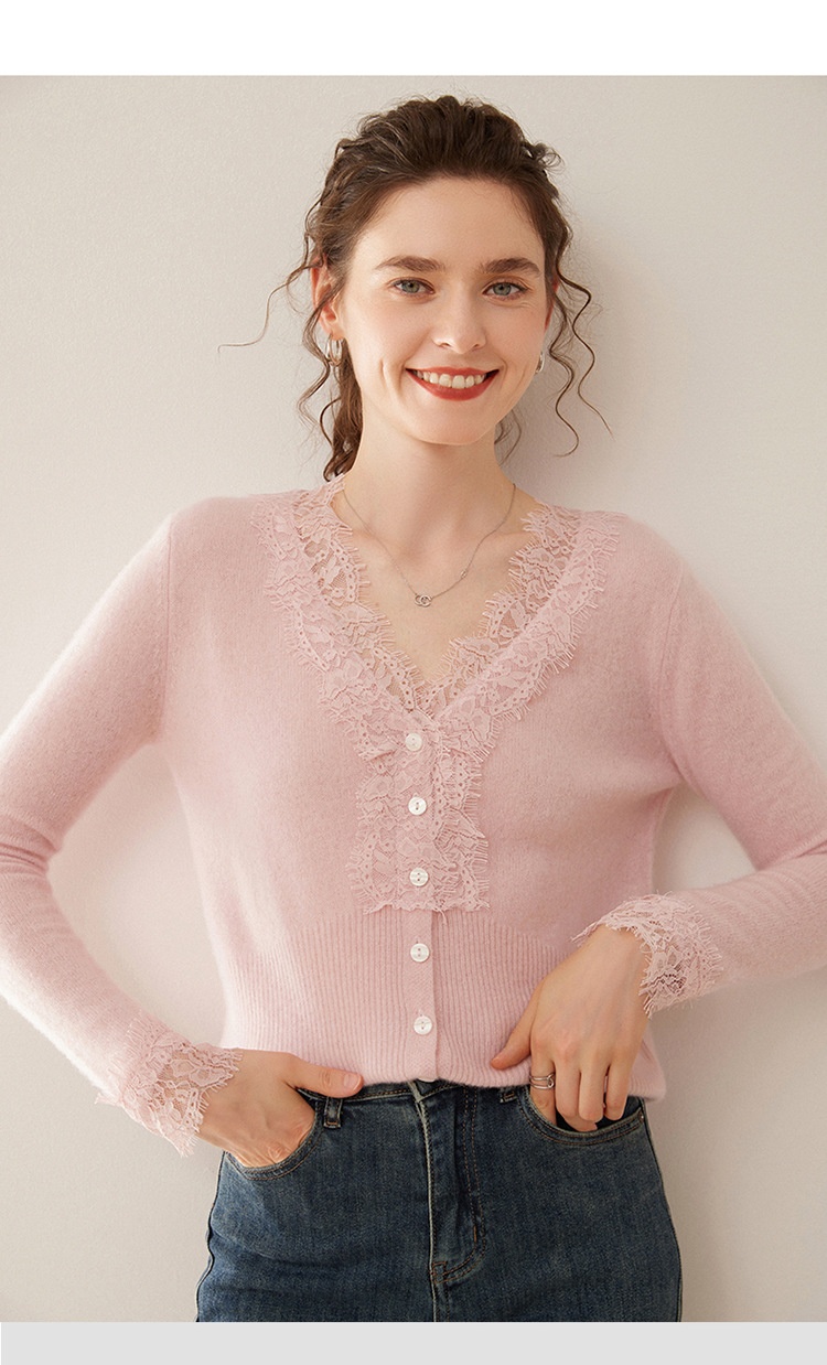 Cashmere Lace-Trimmed Knit V-Neck Cardigan Sweater