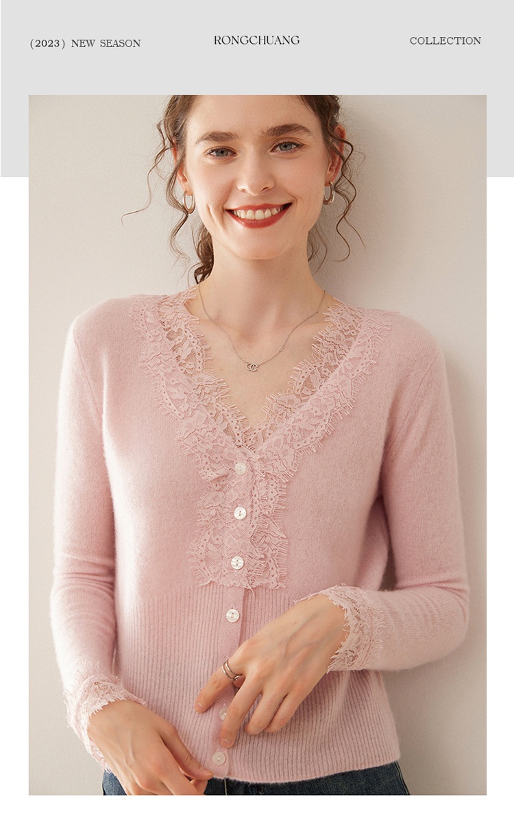 Cashmere Lace-Trimmed Knit V-Neck Cardigan Sweater