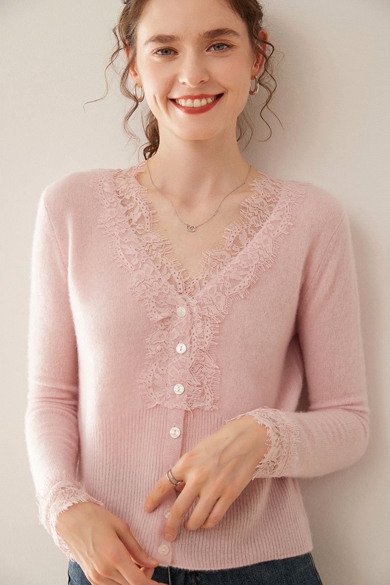 Cashmere Lace-Trimmed Knit V-Neck Cardigan Sweater
