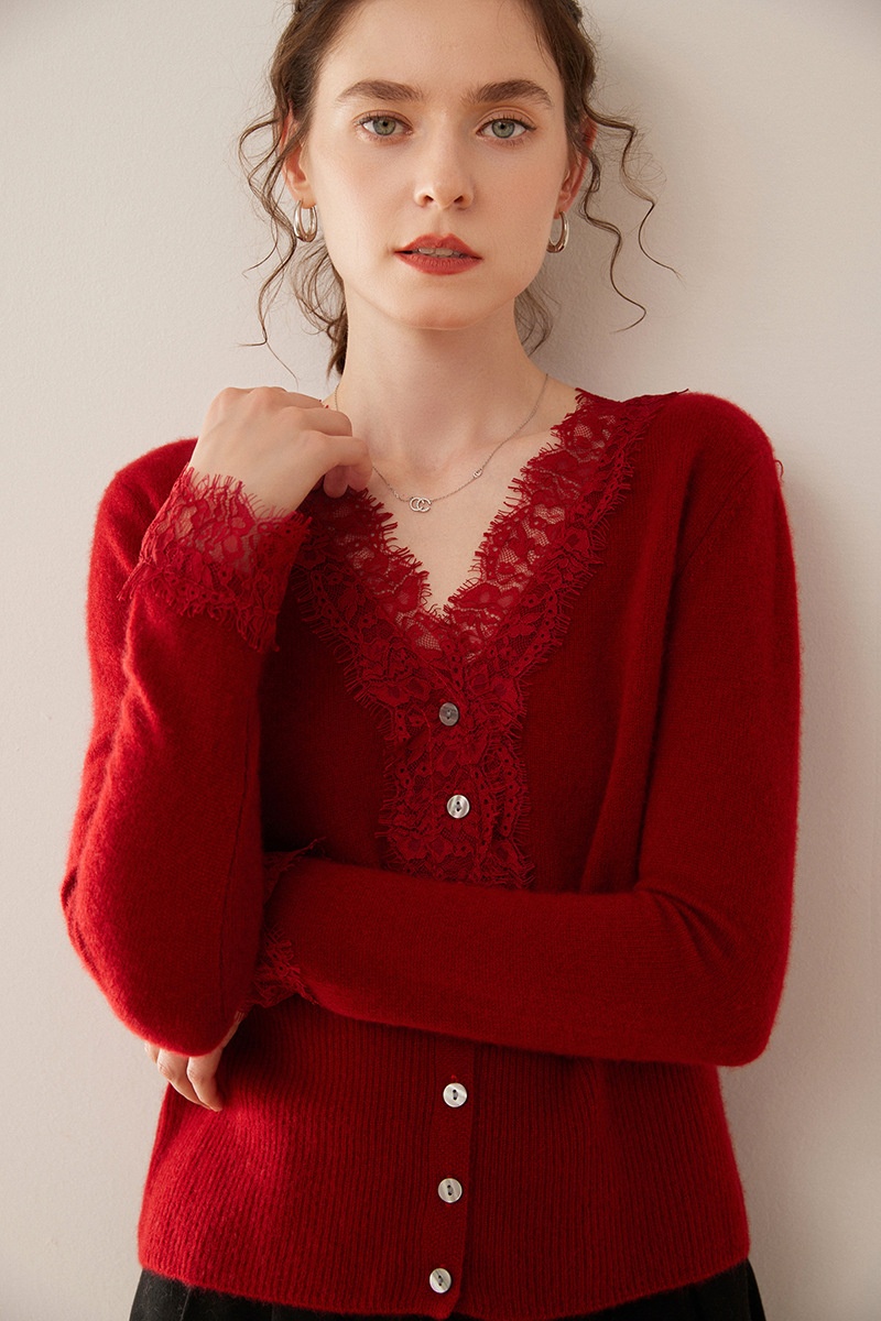 Cashmere Lace-Trimmed Knit V-Neck Cardigan Sweater