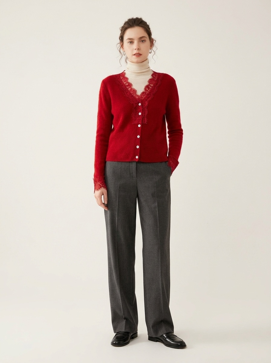Cashmere Lace-Trimmed Knit V-Neck Cardigan Sweater