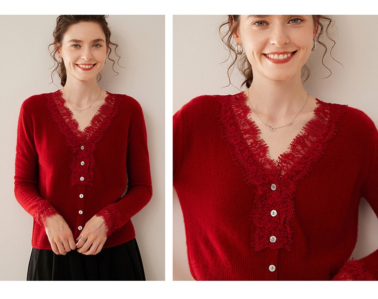Cashmere Lace-Trimmed Knit V-Neck Cardigan Sweater