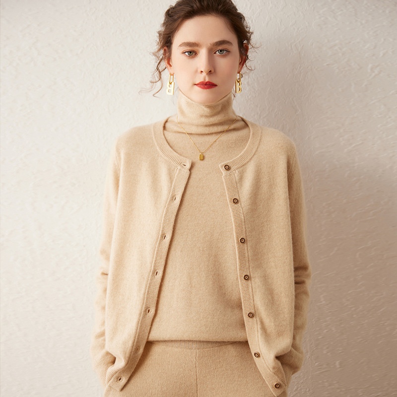 Cashmere Women Crewneck Button Knit Cardigan Sweater