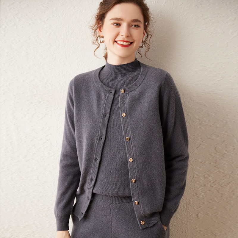 Cashmere Women Crewneck Button Knit Cardigan Sweater