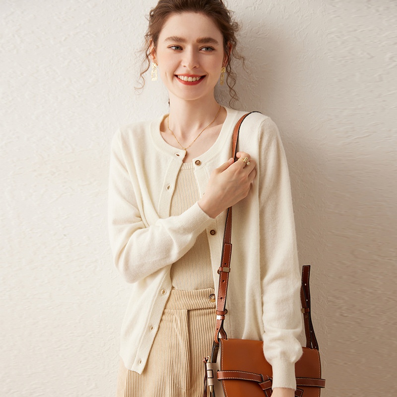 Cashmere Women Crewneck Button Knit Cardigan Sweater
