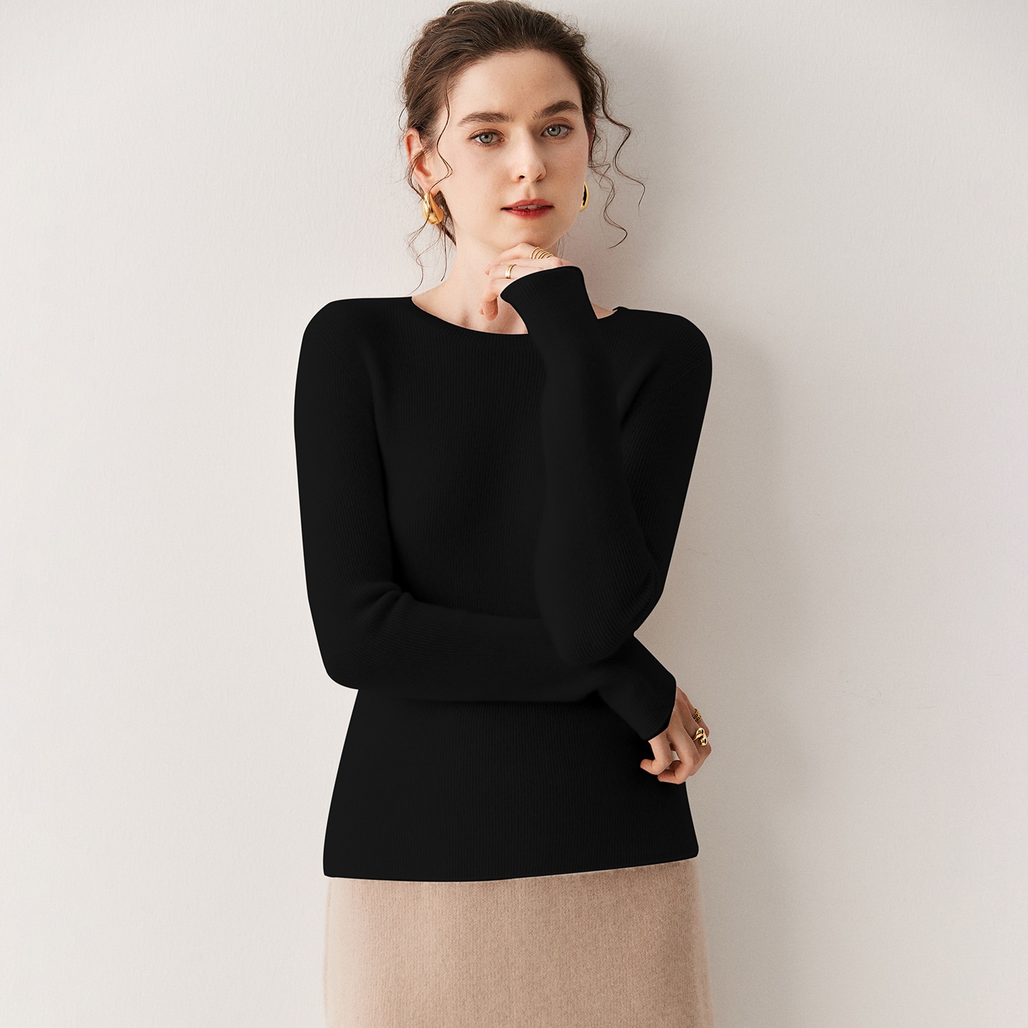 Cashmere Women's Crewneck Ribbed Long Sleeve Knit Sweater