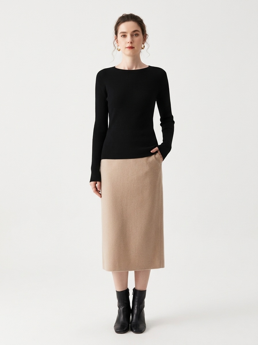 Cashmere Women's Crewneck Ribbed Long Sleeve Knit Sweater