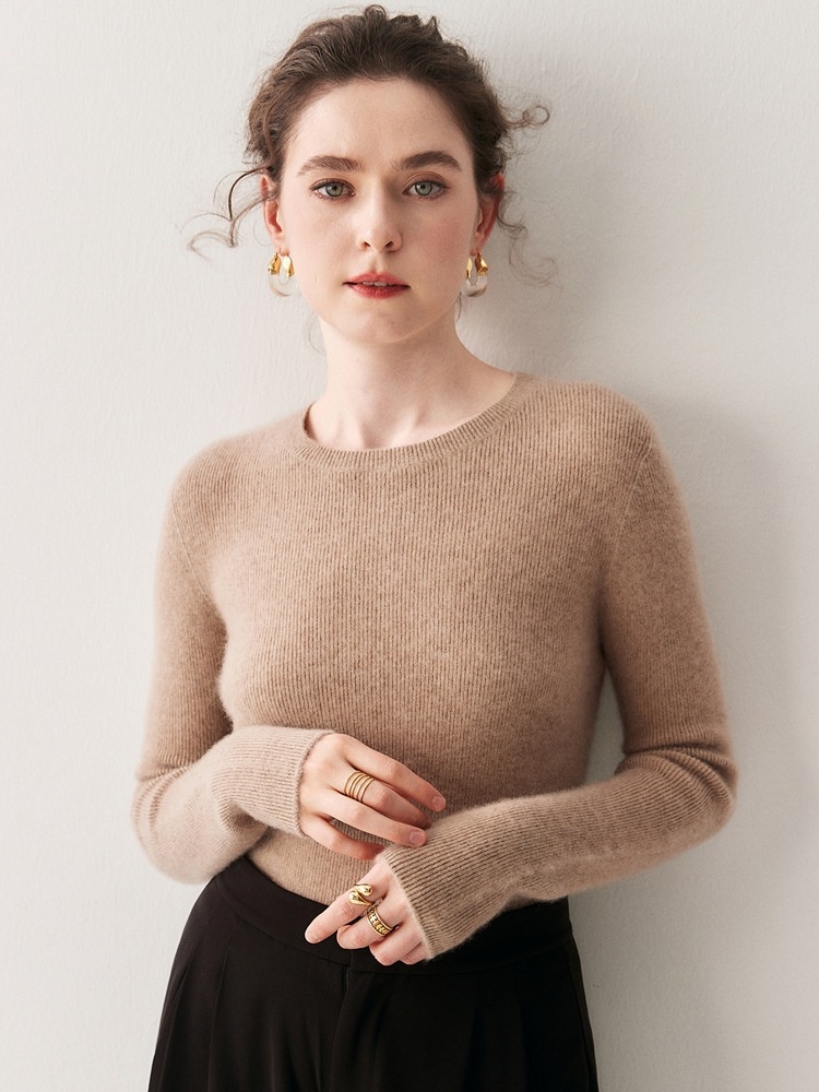 Cashmere Women's Crewneck Ribbed Long Sleeve Knit Sweater