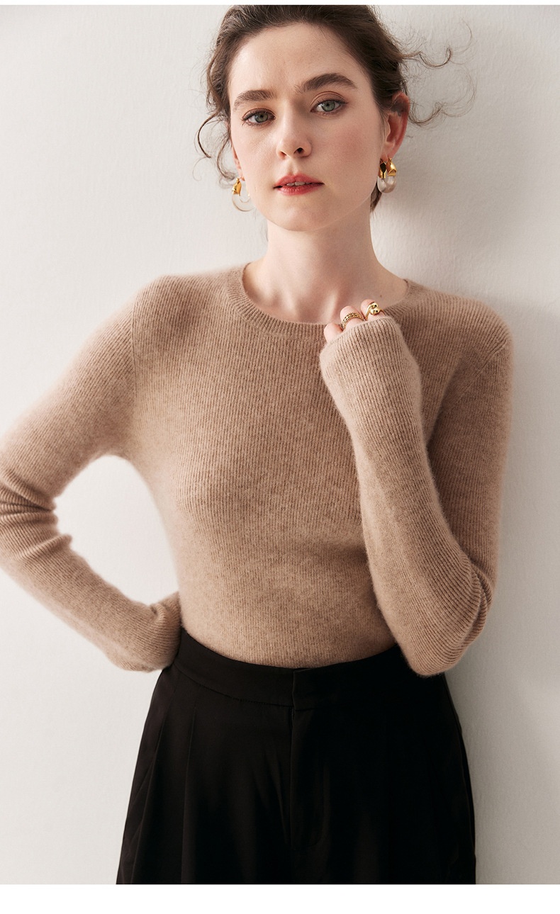 Cashmere Women's Crewneck Ribbed Long Sleeve Knit Sweater