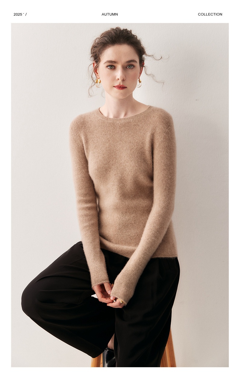 Cashmere Women's Crewneck Ribbed Long Sleeve Knit Sweater