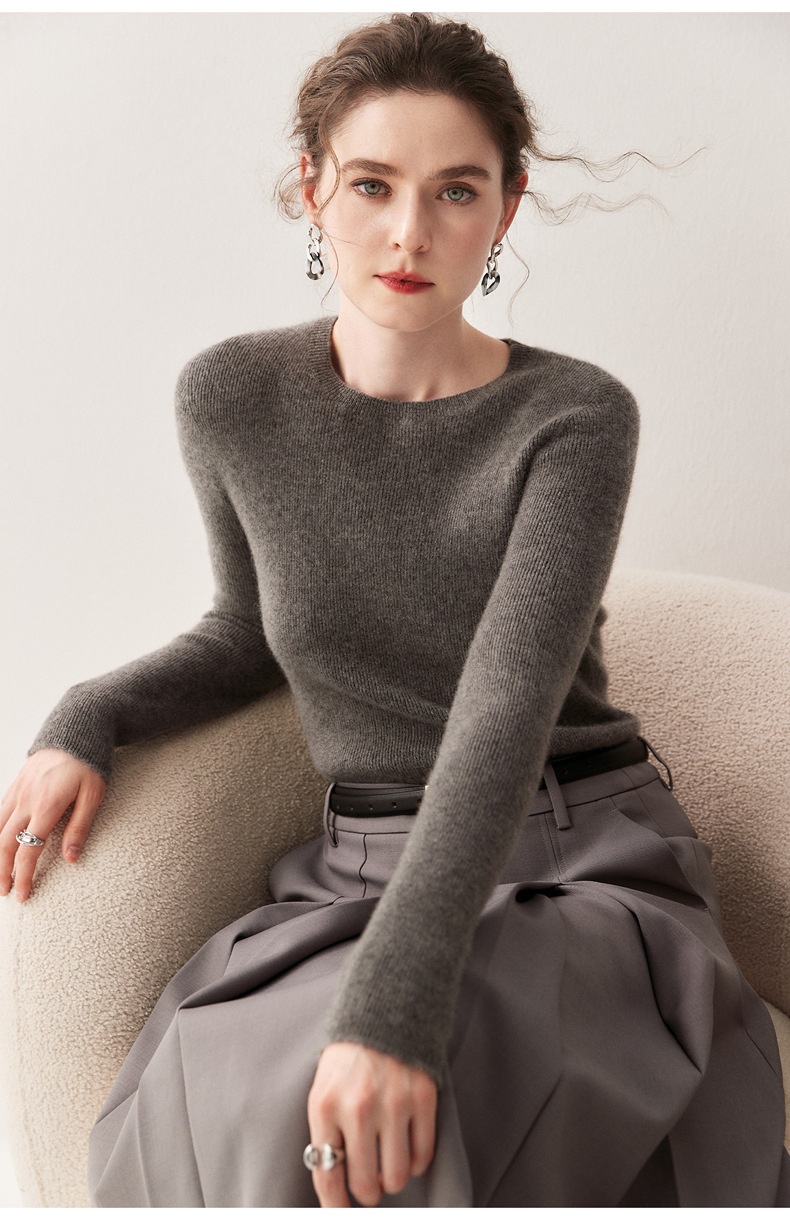 Cashmere Women's Crewneck Ribbed Long Sleeve Knit Sweater