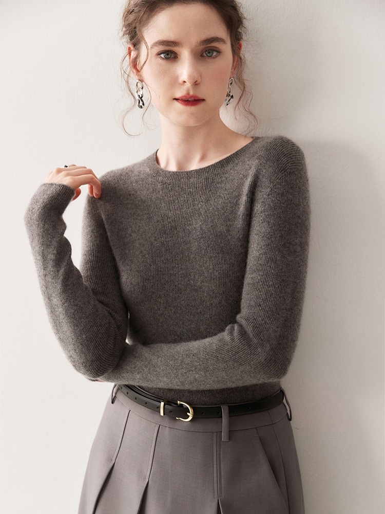Cashmere Women's Crewneck Ribbed Long Sleeve Knit Sweater