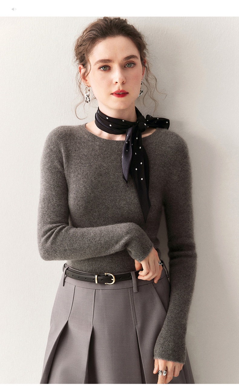 Cashmere Women's Crewneck Ribbed Long Sleeve Knit Sweater