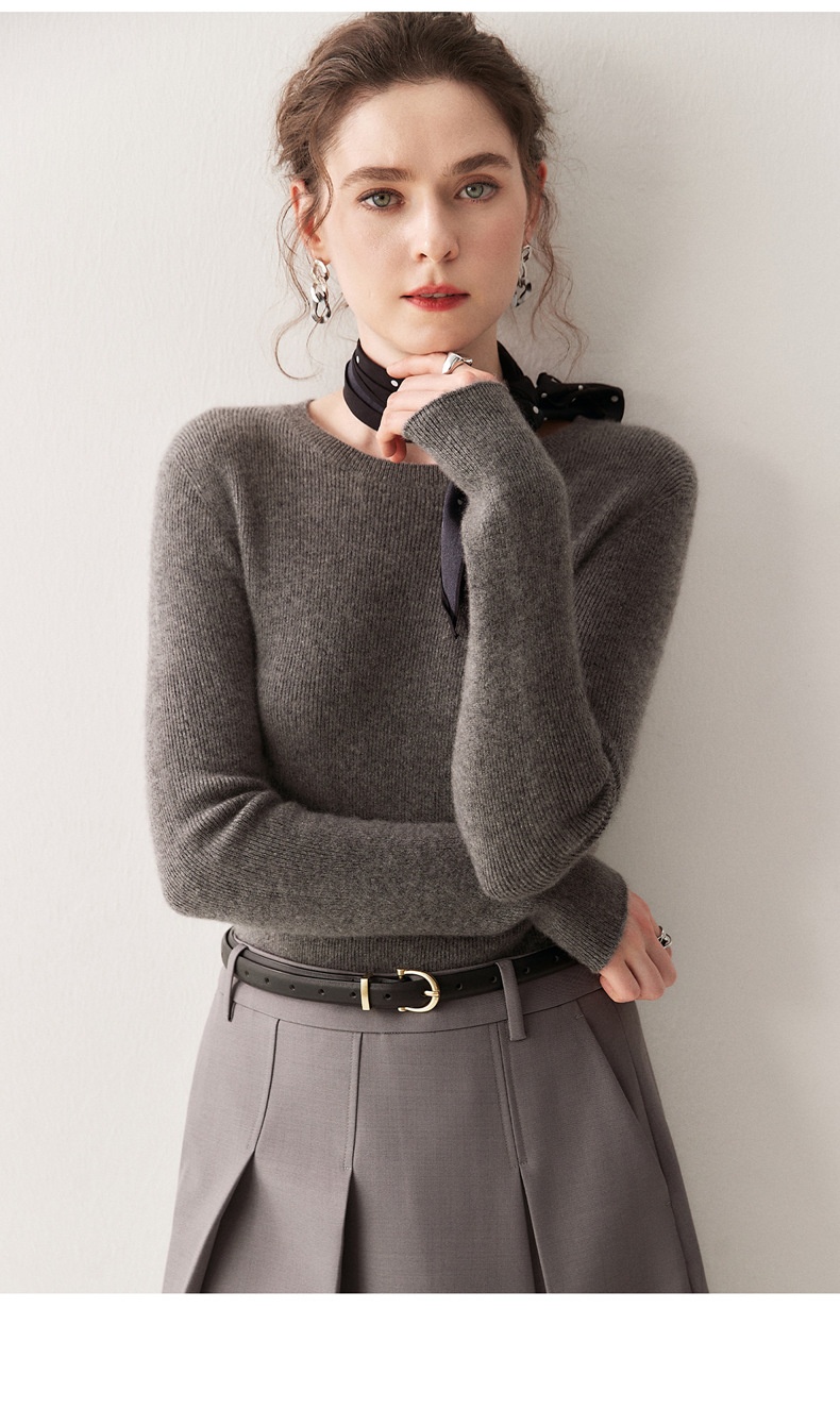 Cashmere Women's Crewneck Ribbed Long Sleeve Knit Sweater