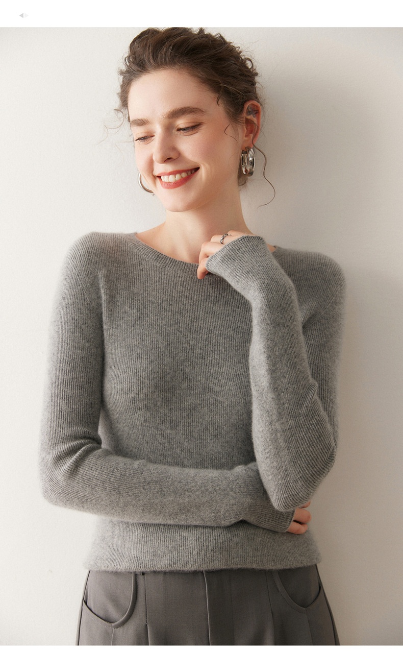 Cashmere Women's Crewneck Ribbed Long Sleeve Knit Sweater