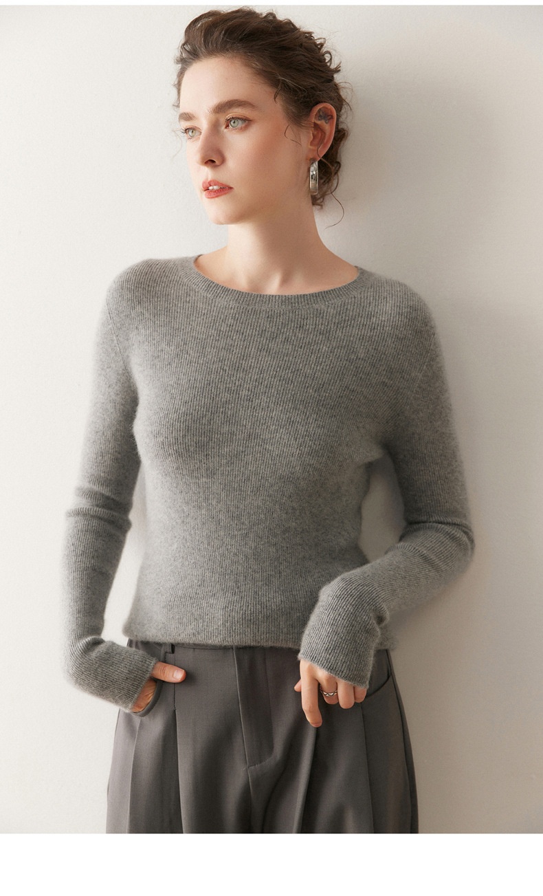 Cashmere Women's Crewneck Ribbed Long Sleeve Knit Sweater