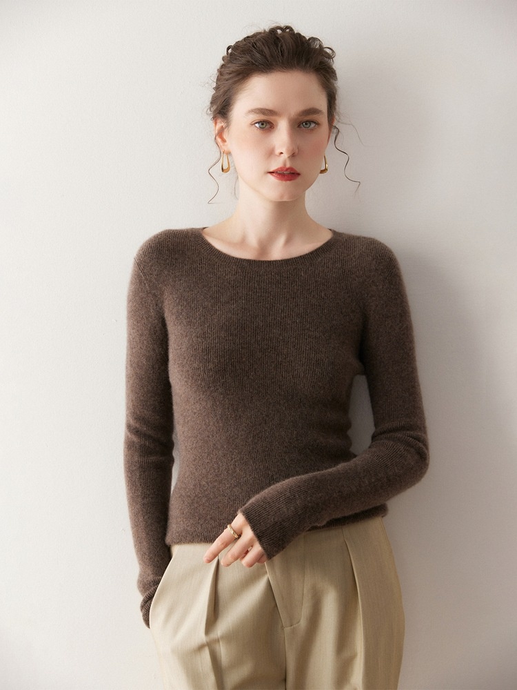 Cashmere Women's Crewneck Ribbed Long Sleeve Knit Sweater