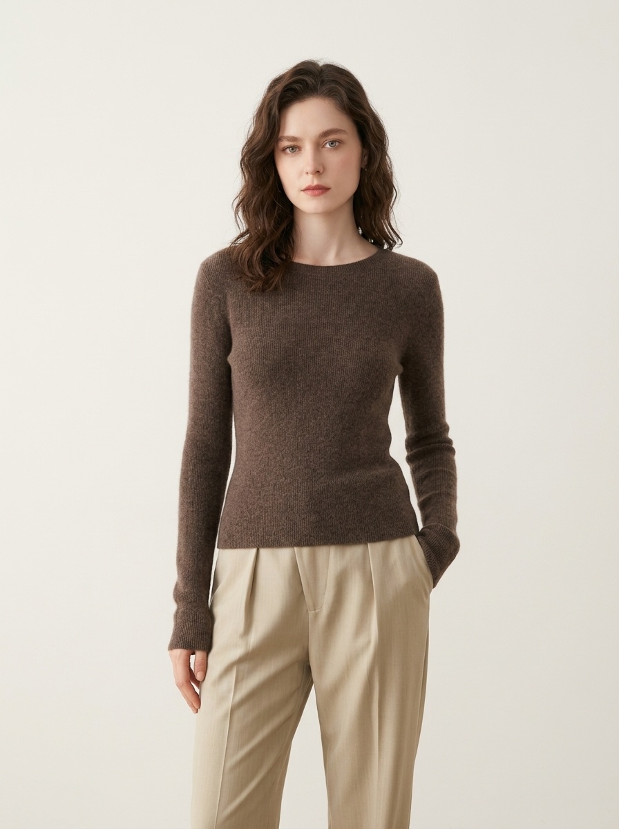 Cashmere Women's Crewneck Ribbed Long Sleeve Knit Sweater