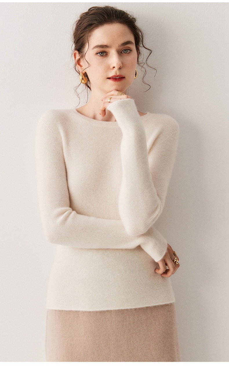 Cashmere Women's Crewneck Ribbed Long Sleeve Knit Sweater