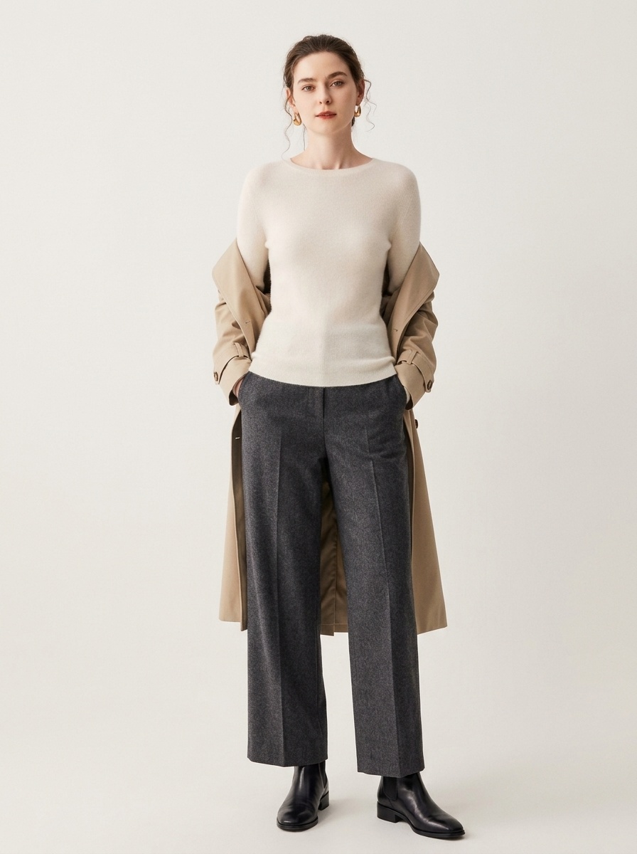 Cashmere Women's Crewneck Ribbed Long Sleeve Knit Sweater