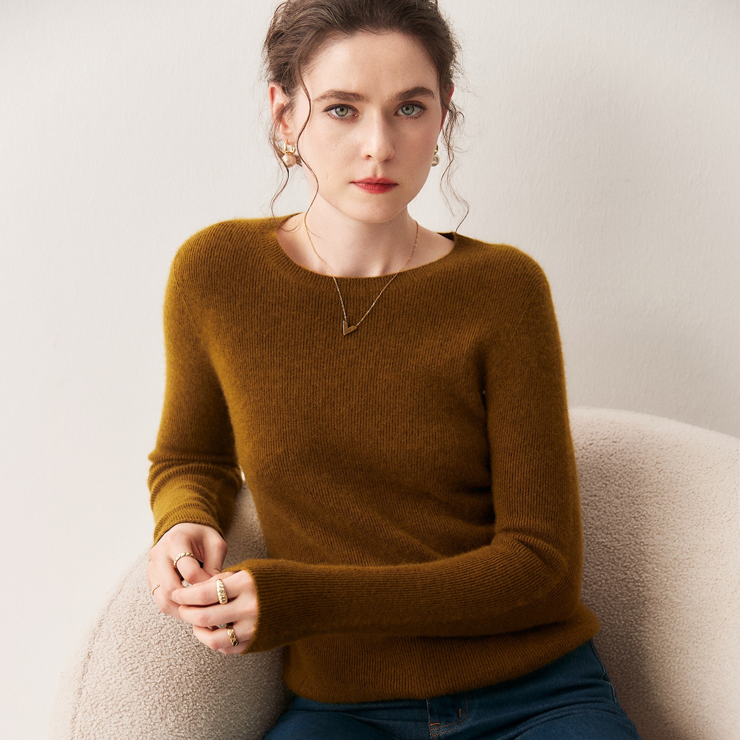 Cashmere Women's Crewneck Ribbed Long Sleeve Knit Sweater