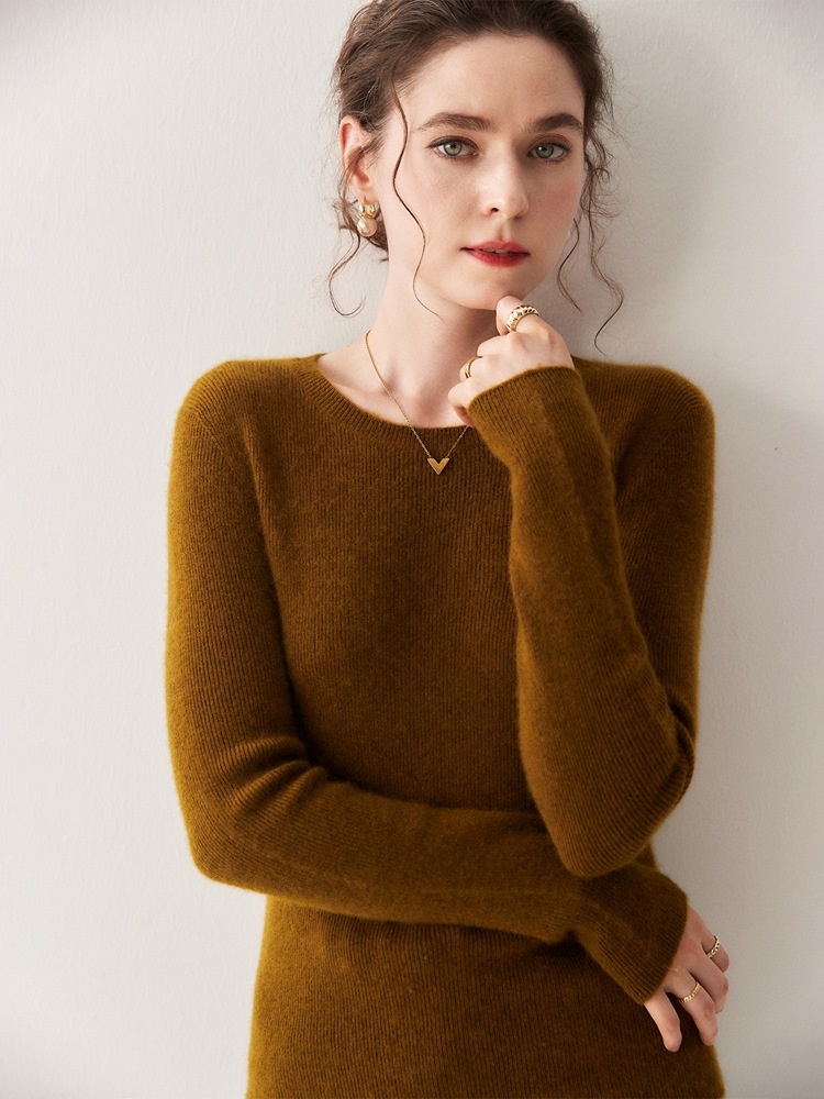 Cashmere Women's Crewneck Ribbed Long Sleeve Knit Sweater