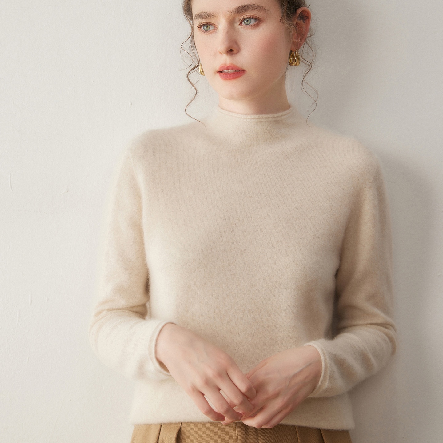 Cashmere Women's Mock Neck Cashmere Knit Long Sleeve Sweater