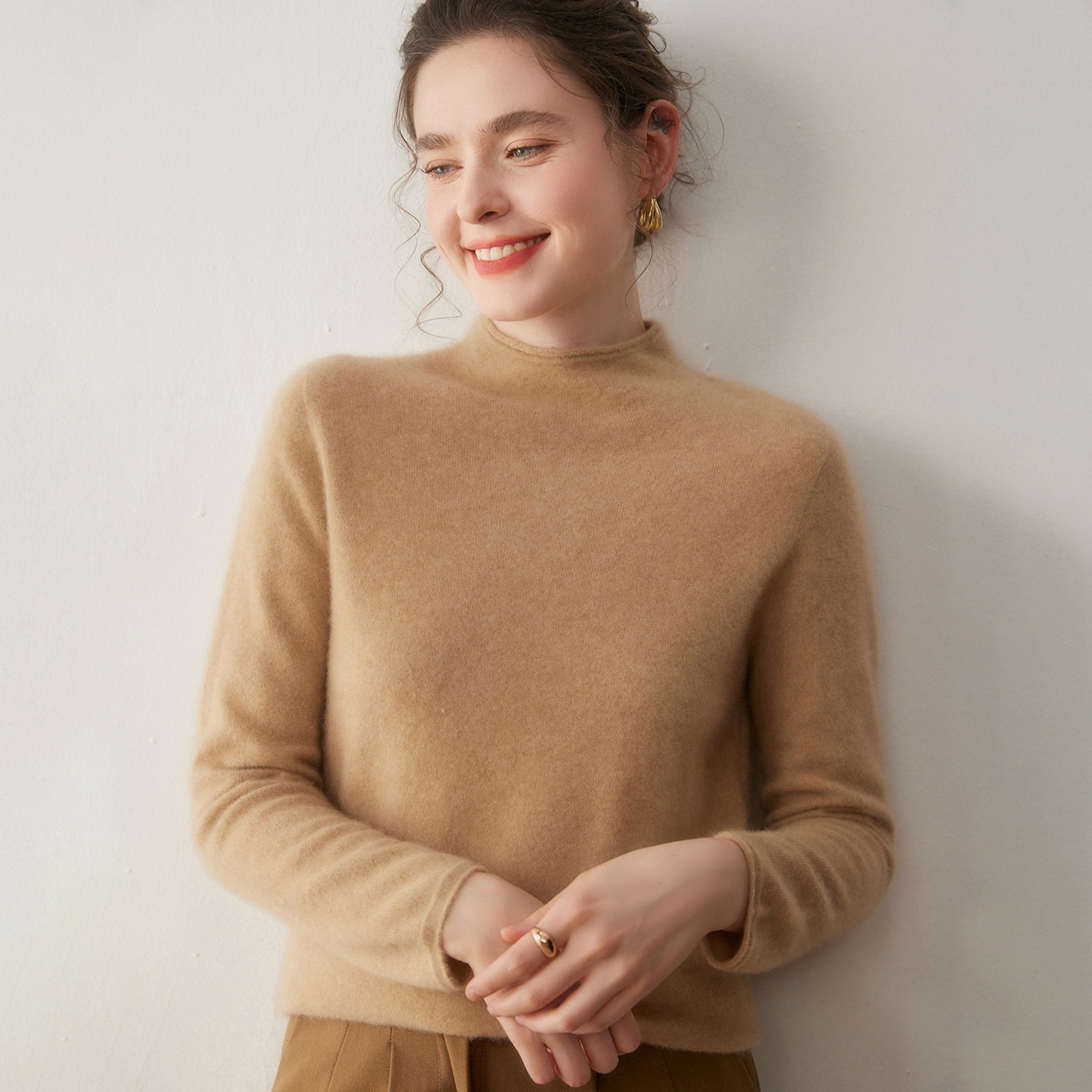 Cashmere Women's Mock Neck Cashmere Knit Long Sleeve Sweater