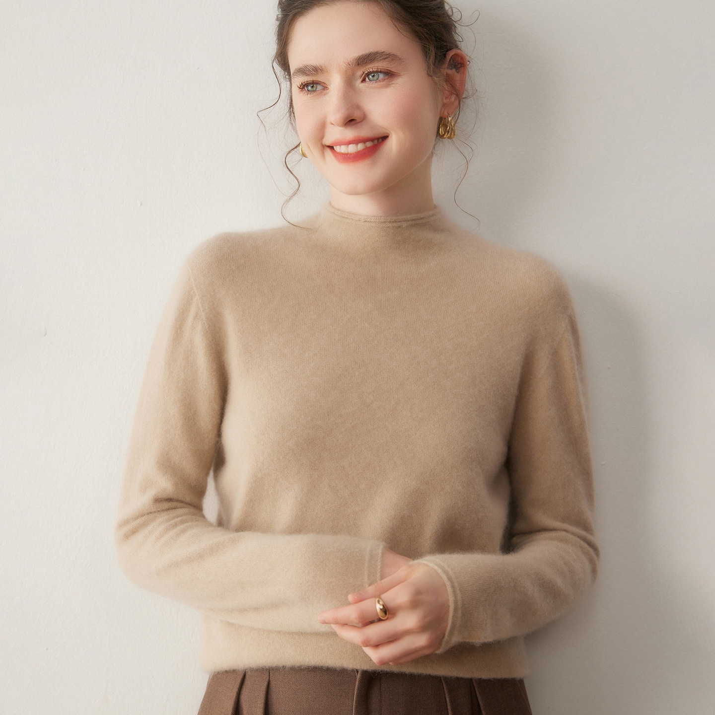 Cashmere Women's Mock Neck Cashmere Knit Long Sleeve Sweater