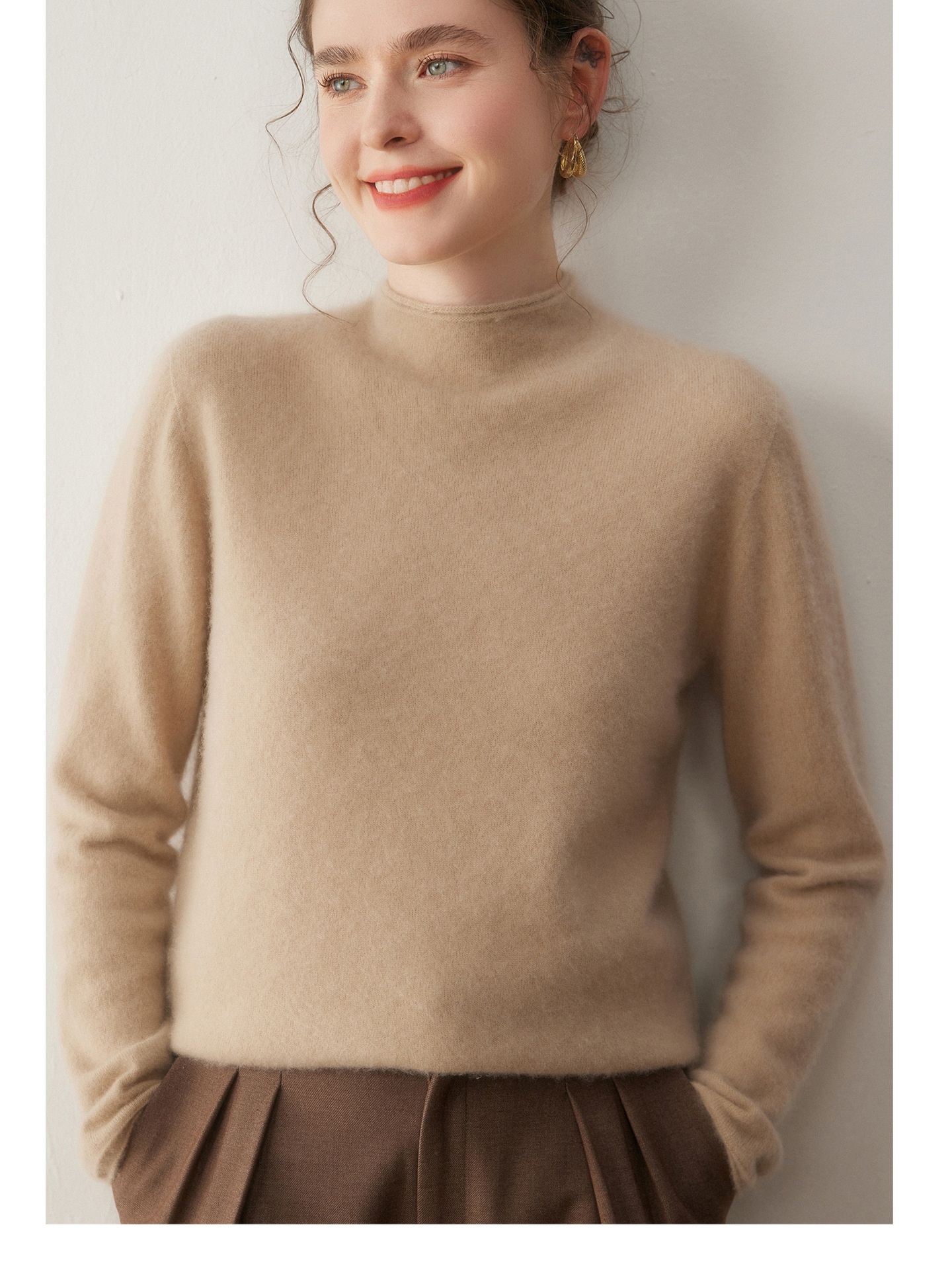 Cashmere Women's Mock Neck Cashmere Knit Long Sleeve Sweater