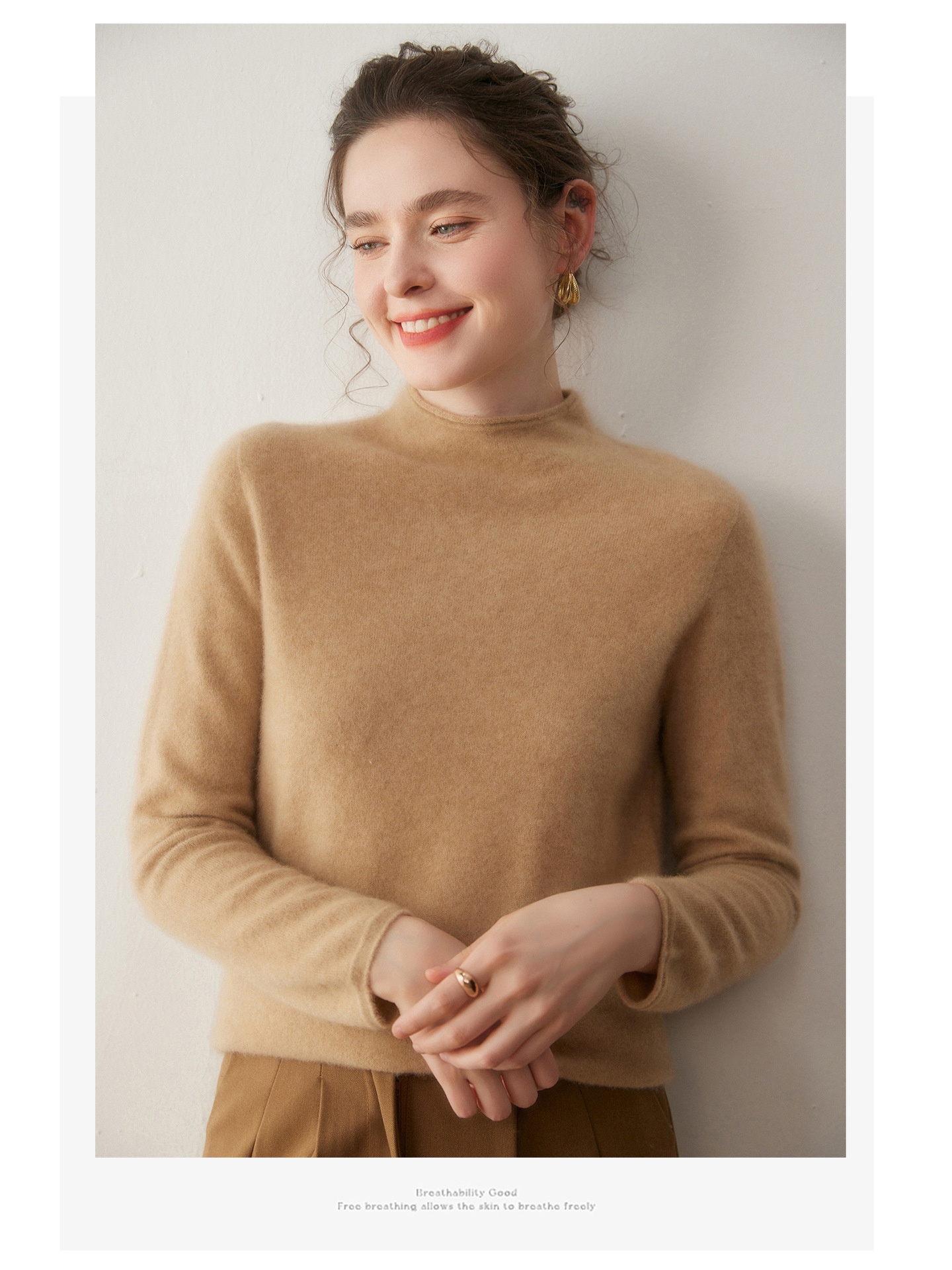 Cashmere Women's Mock Neck Cashmere Knit Long Sleeve Sweater