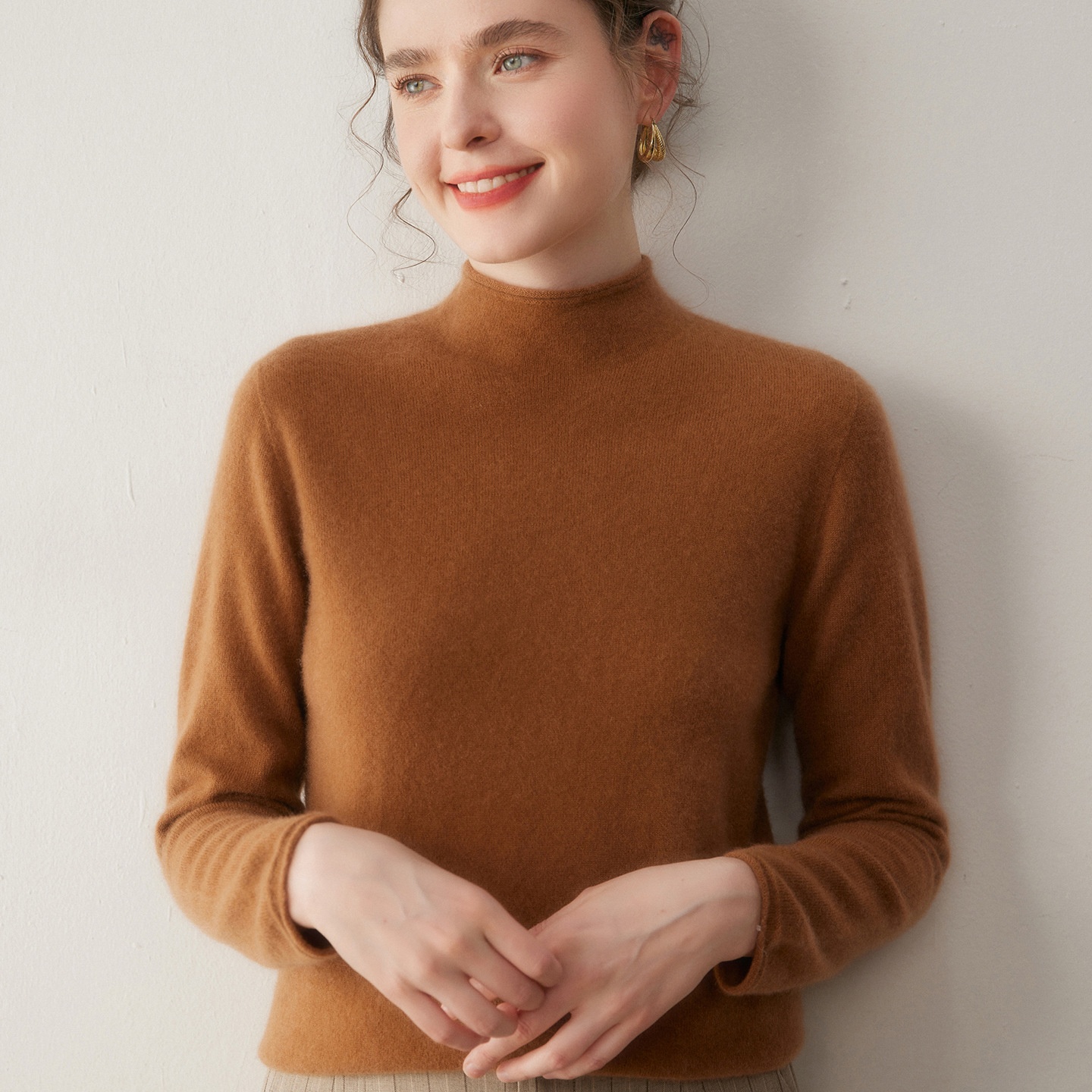 Cashmere Women's Mock Neck Cashmere Knit Long Sleeve Sweater