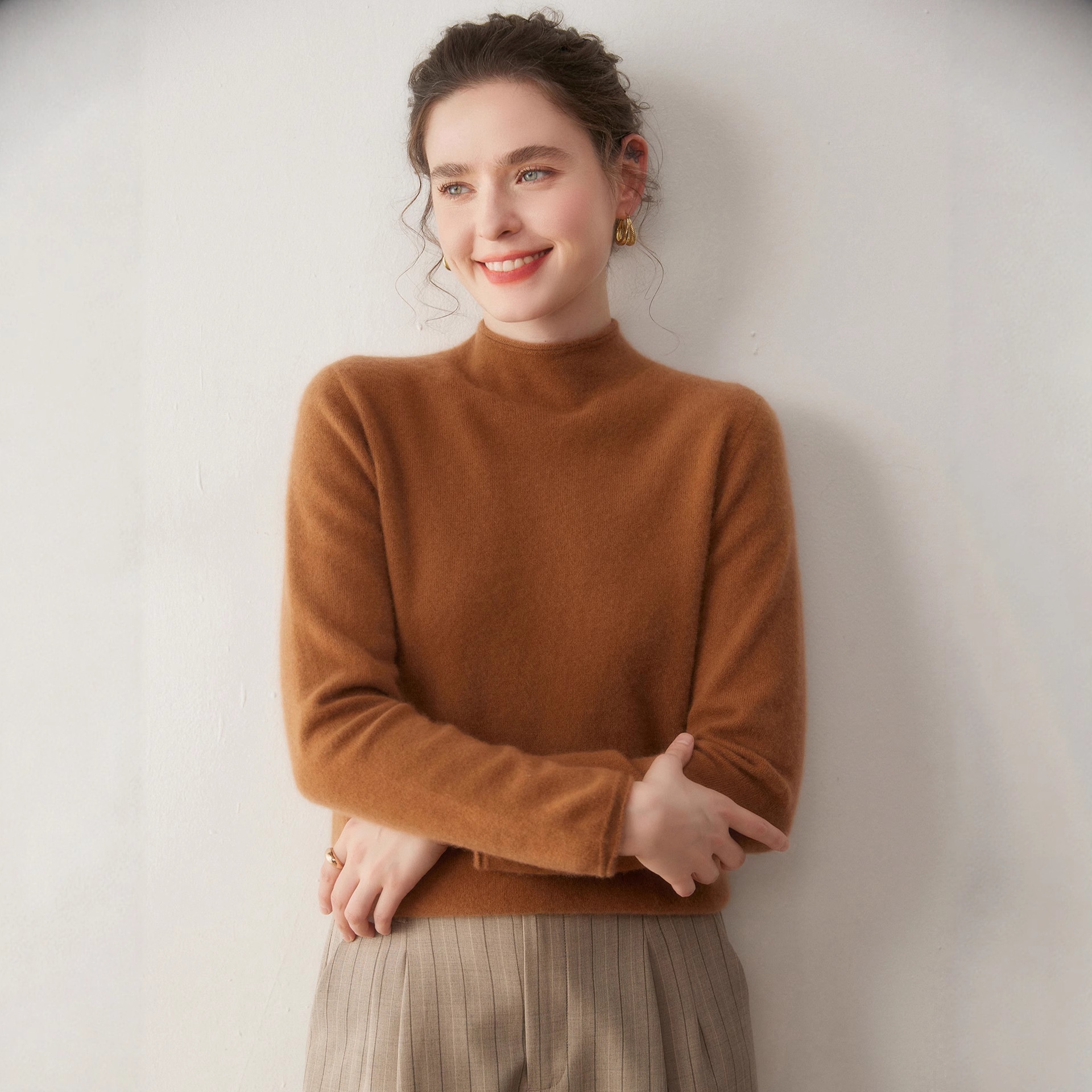 Cashmere Women's Mock Neck Cashmere Knit Long Sleeve Sweater