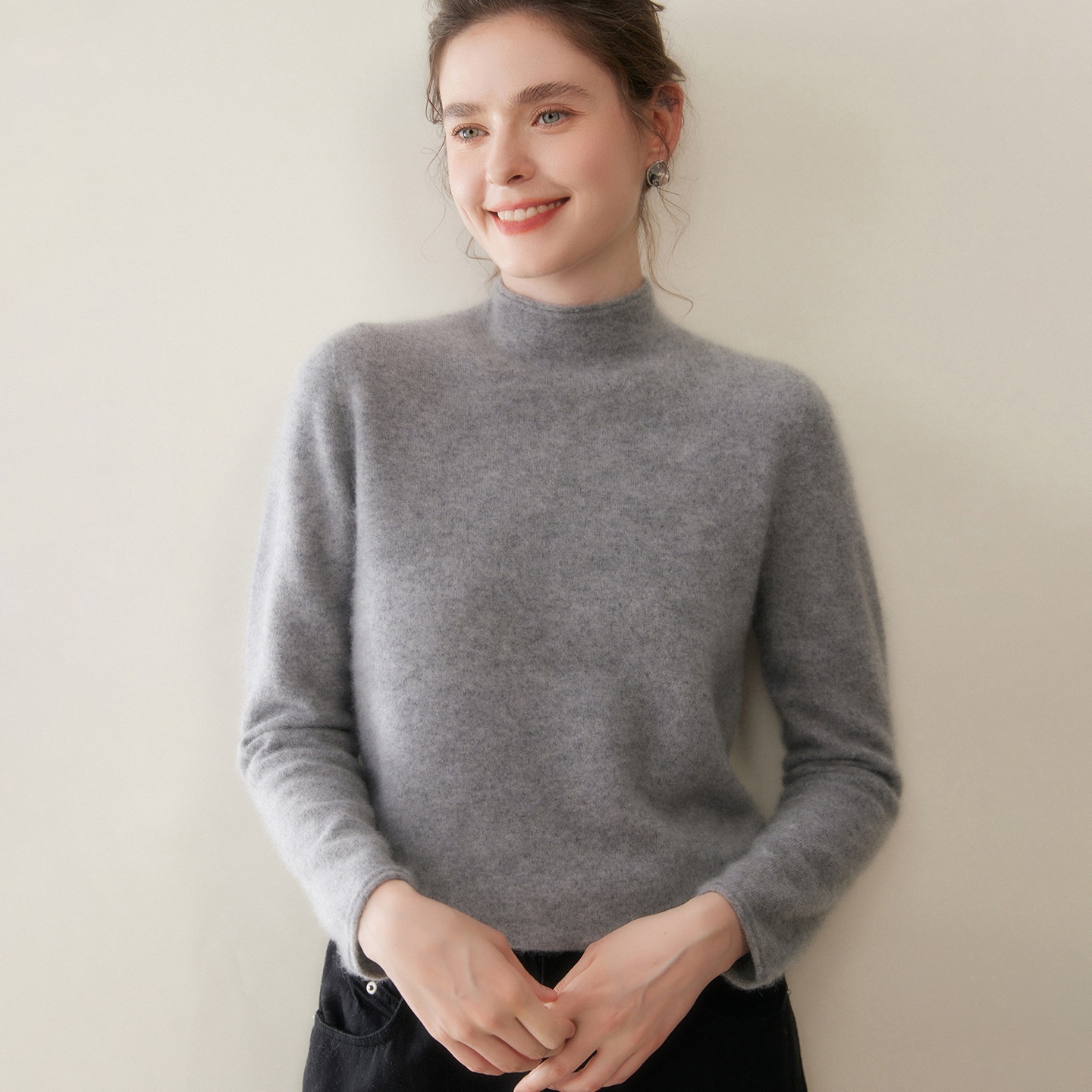Cashmere Women's Mock Neck Cashmere Knit Long Sleeve Sweater