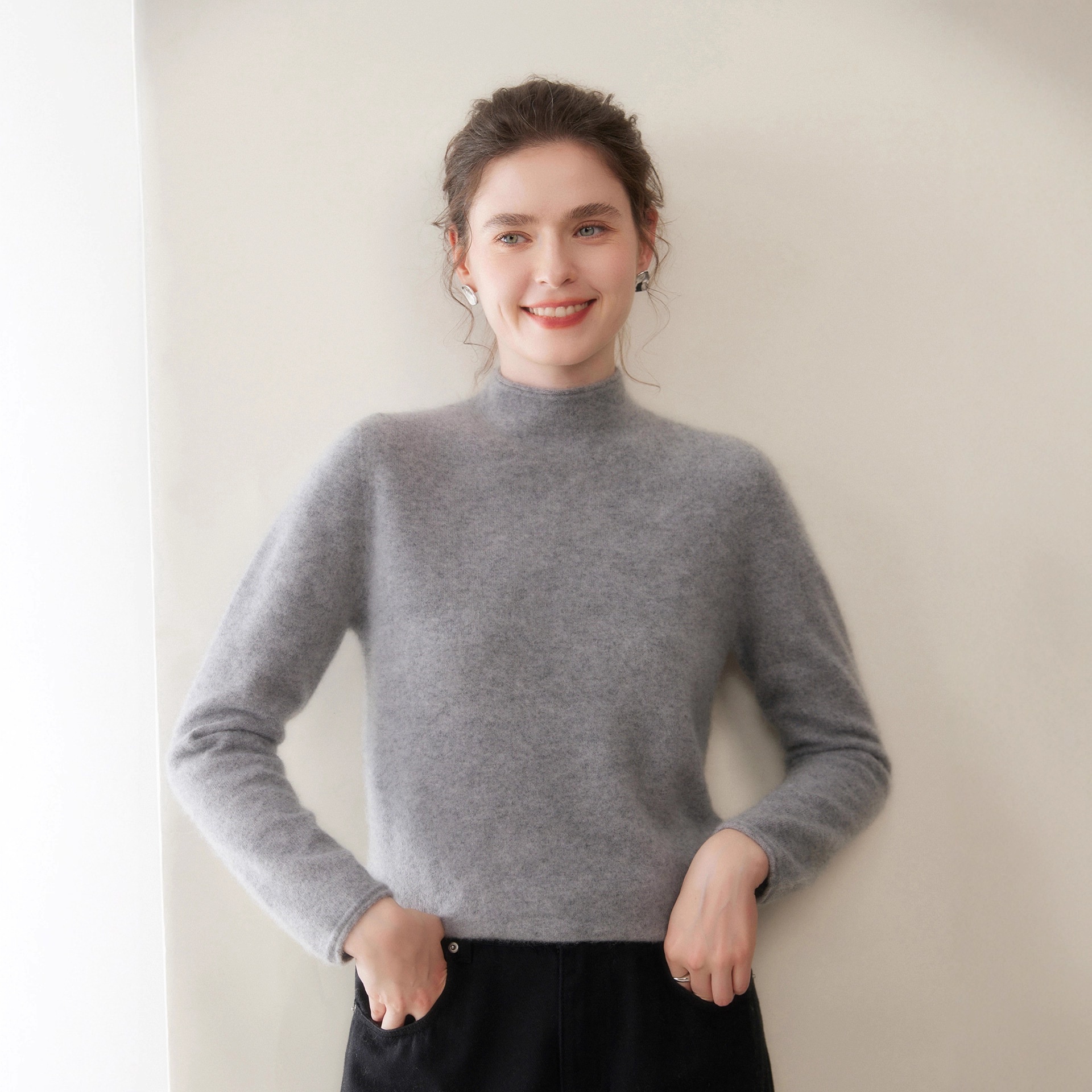 Cashmere Women's Mock Neck Cashmere Knit Long Sleeve Sweater