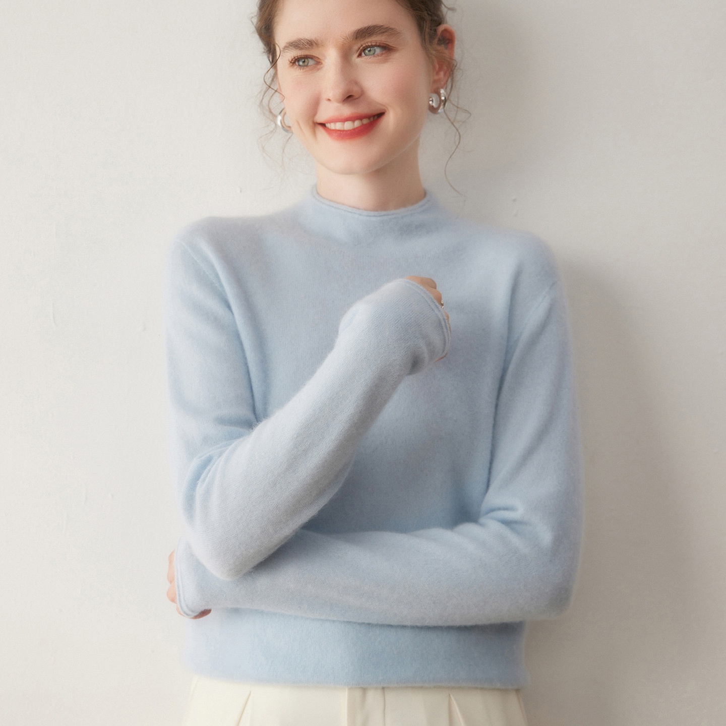 Cashmere Women's Mock Neck Cashmere Knit Long Sleeve Sweater