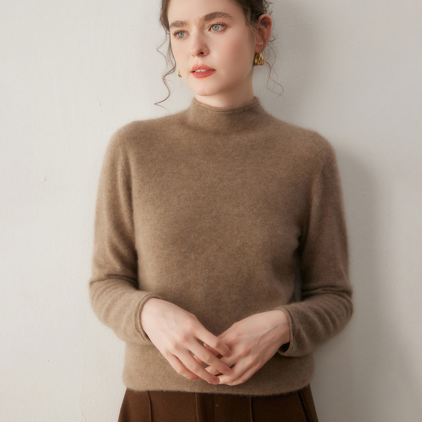 Cashmere Women's Mock Neck Cashmere Knit Long Sleeve Sweater