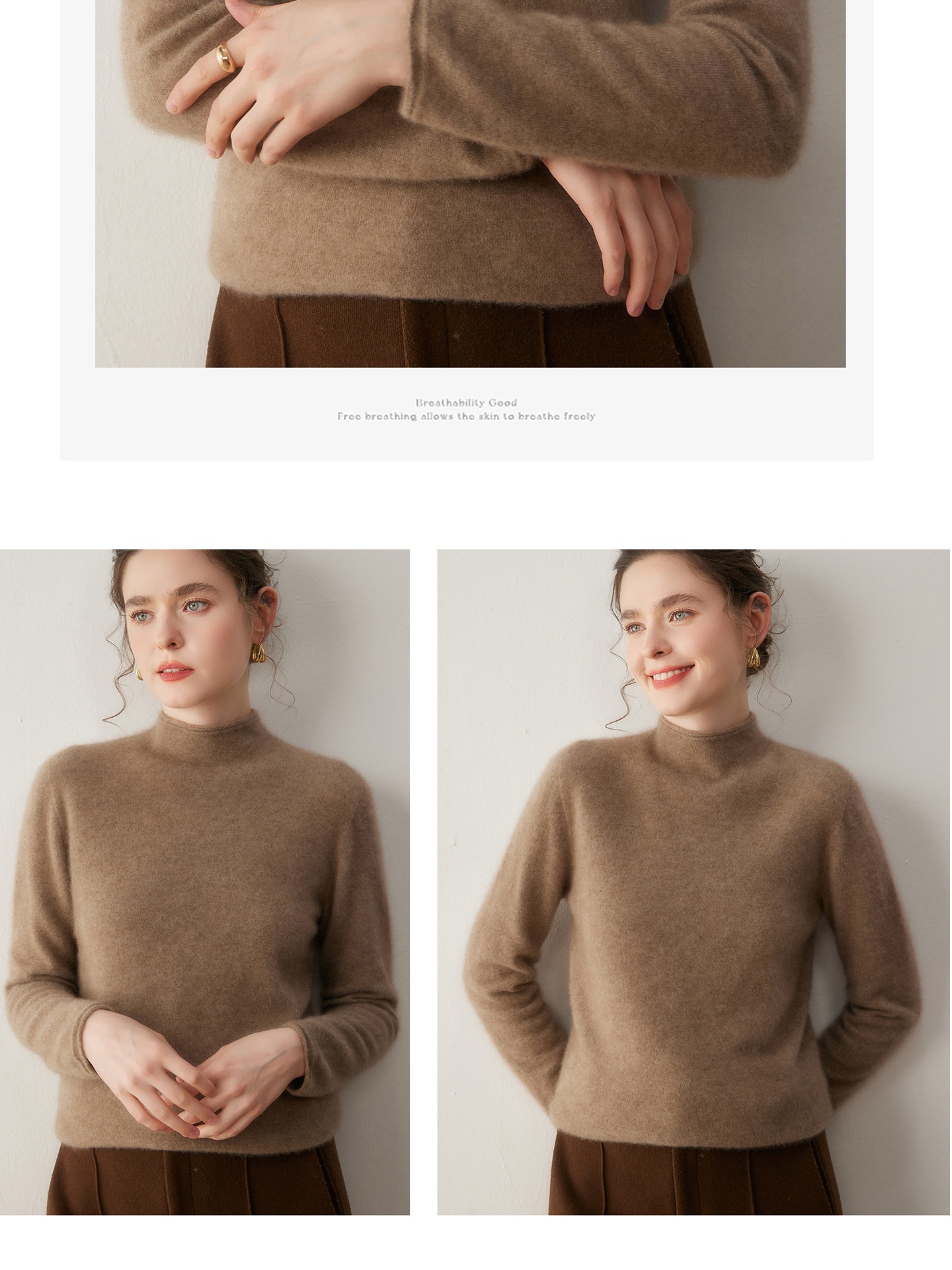 Cashmere Women's Mock Neck Cashmere Knit Long Sleeve Sweater