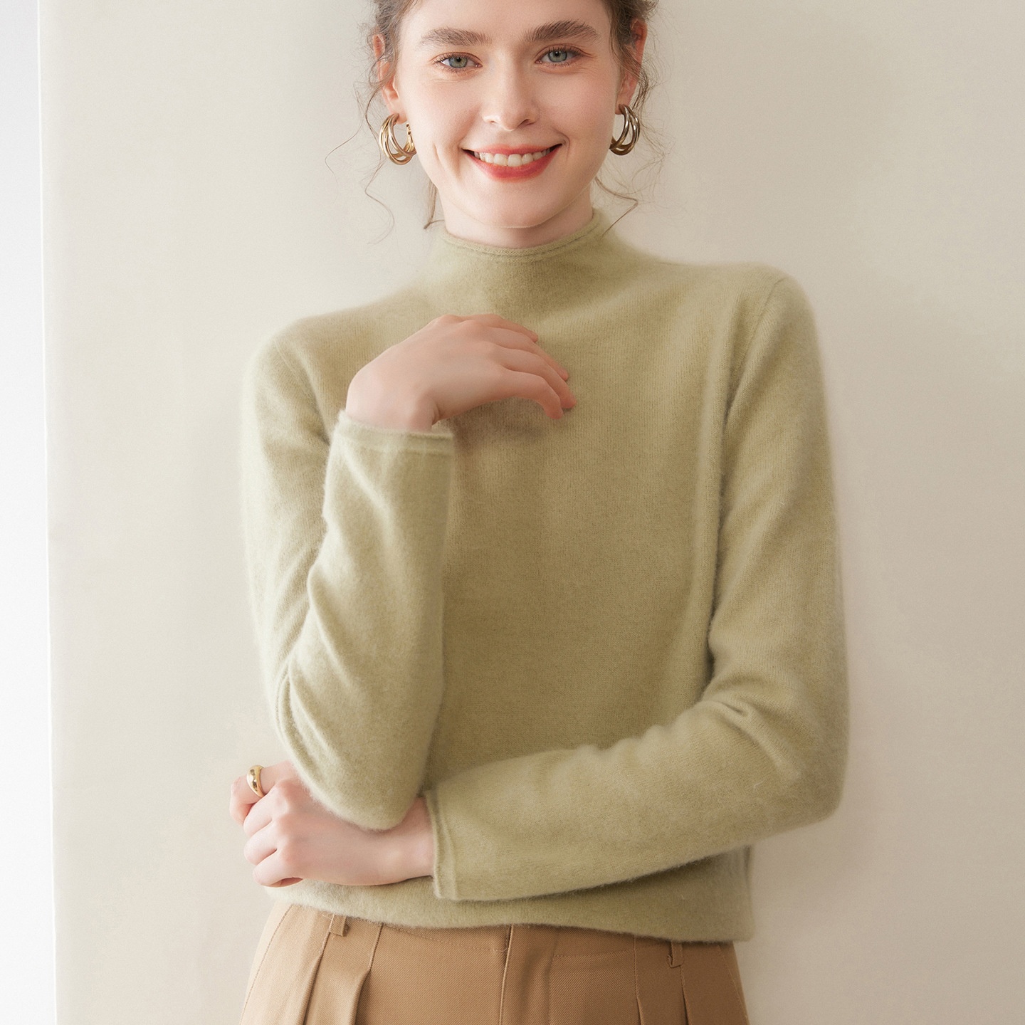 Cashmere Women's Mock Neck Cashmere Knit Long Sleeve Sweater