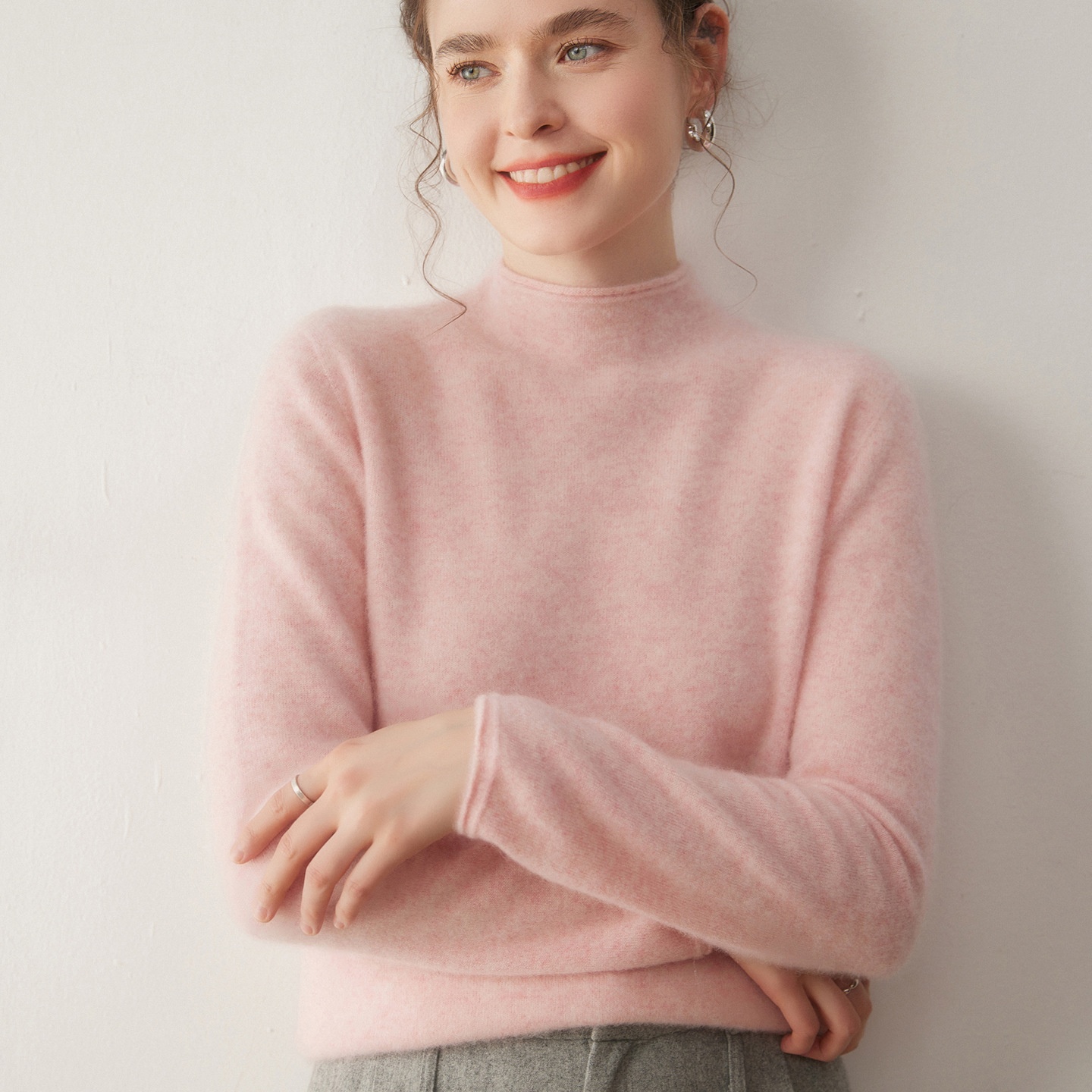 Cashmere Women's Mock Neck Cashmere Knit Long Sleeve Sweater