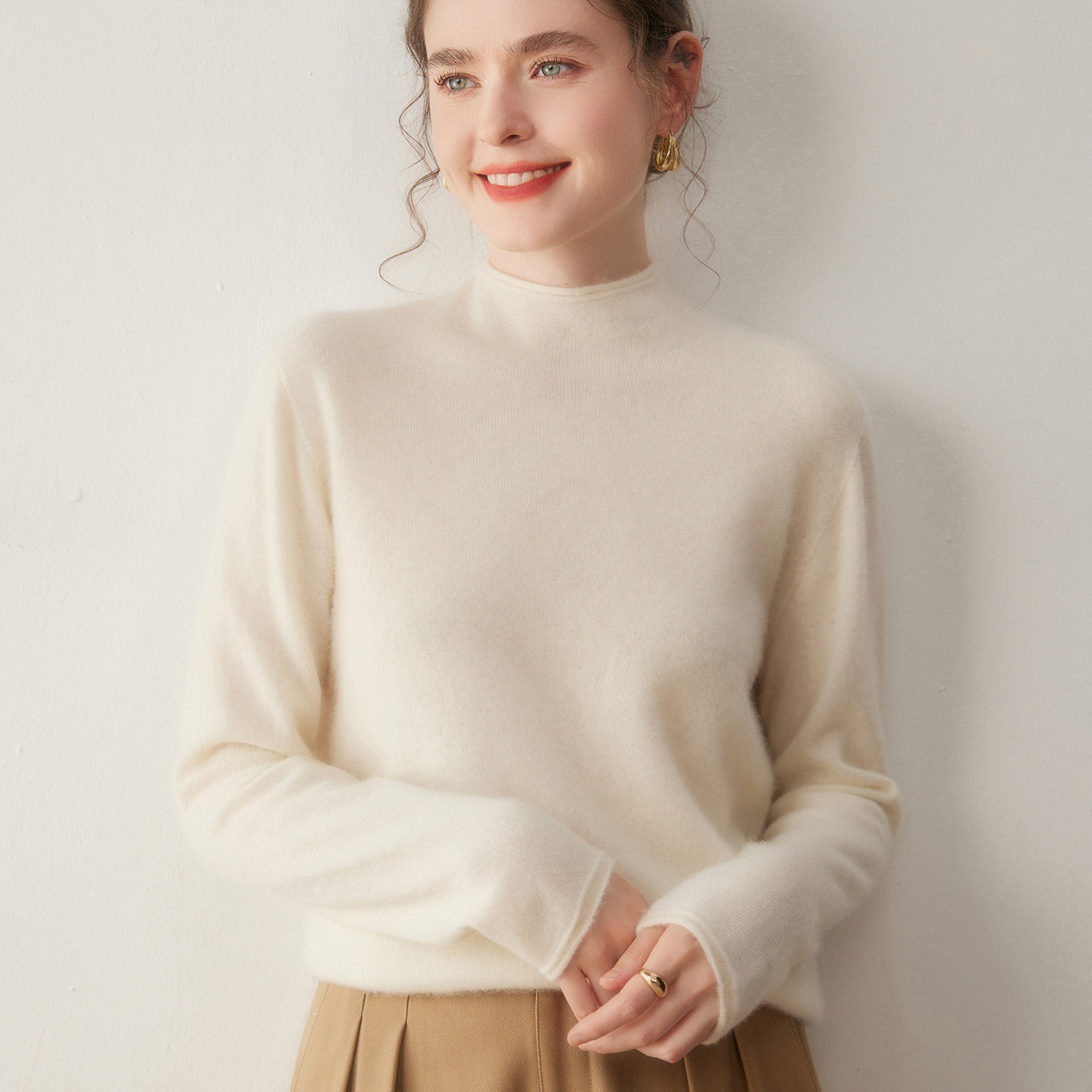 Cashmere Women's Mock Neck Cashmere Knit Long Sleeve Sweater