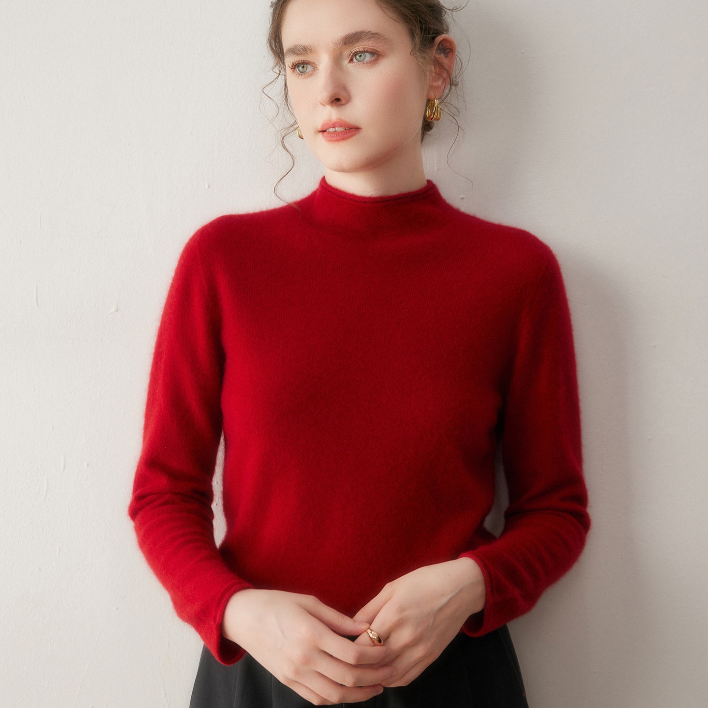Cashmere Women's Mock Neck Cashmere Knit Long Sleeve Sweater