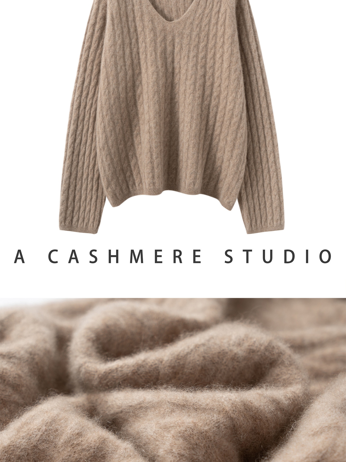 Cashmere Women's Cable Knit V-Neck Cashmere Long Sleeve Sweater
