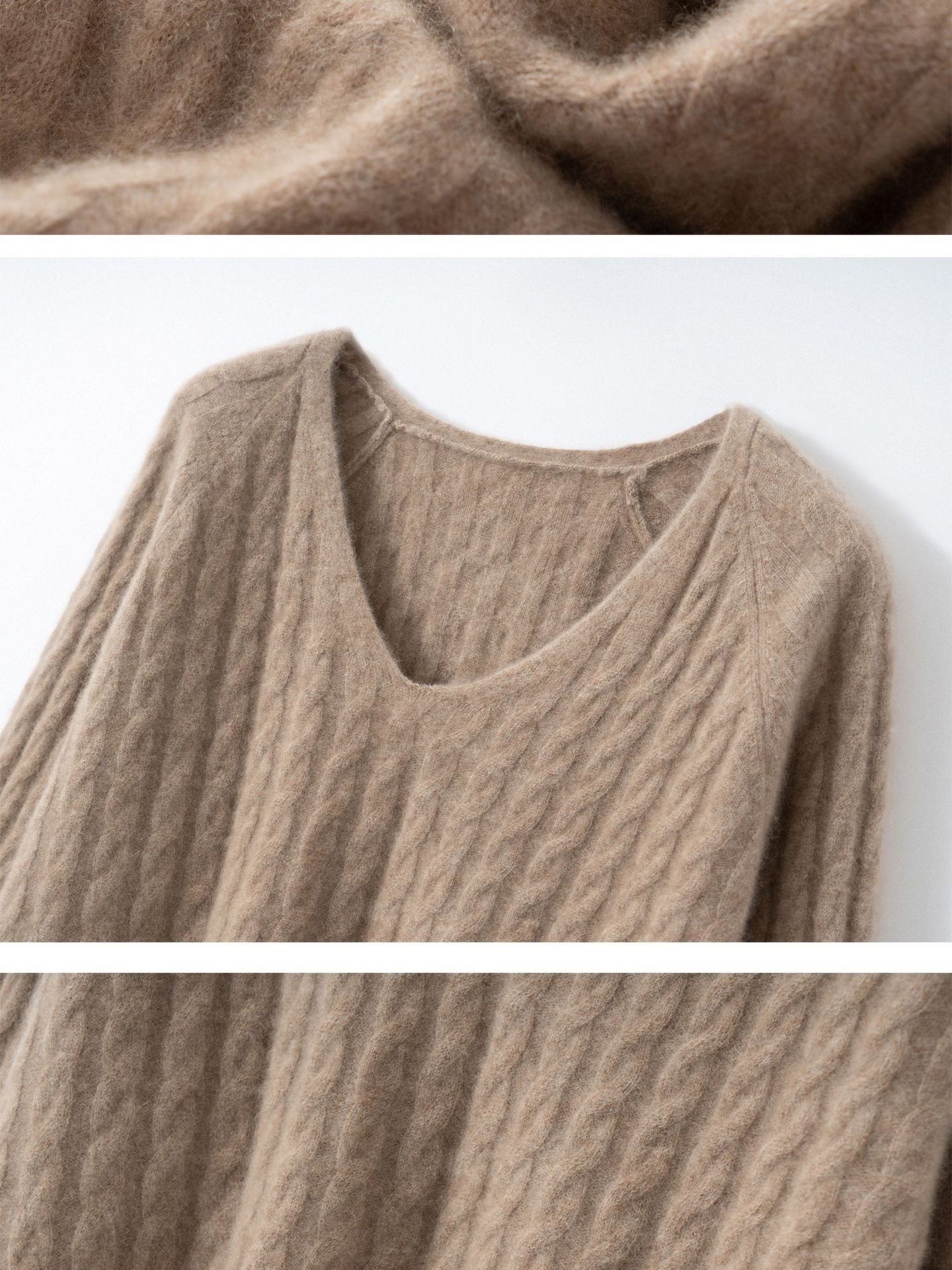 Cashmere Women's Cable Knit V-Neck Cashmere Long Sleeve Sweater